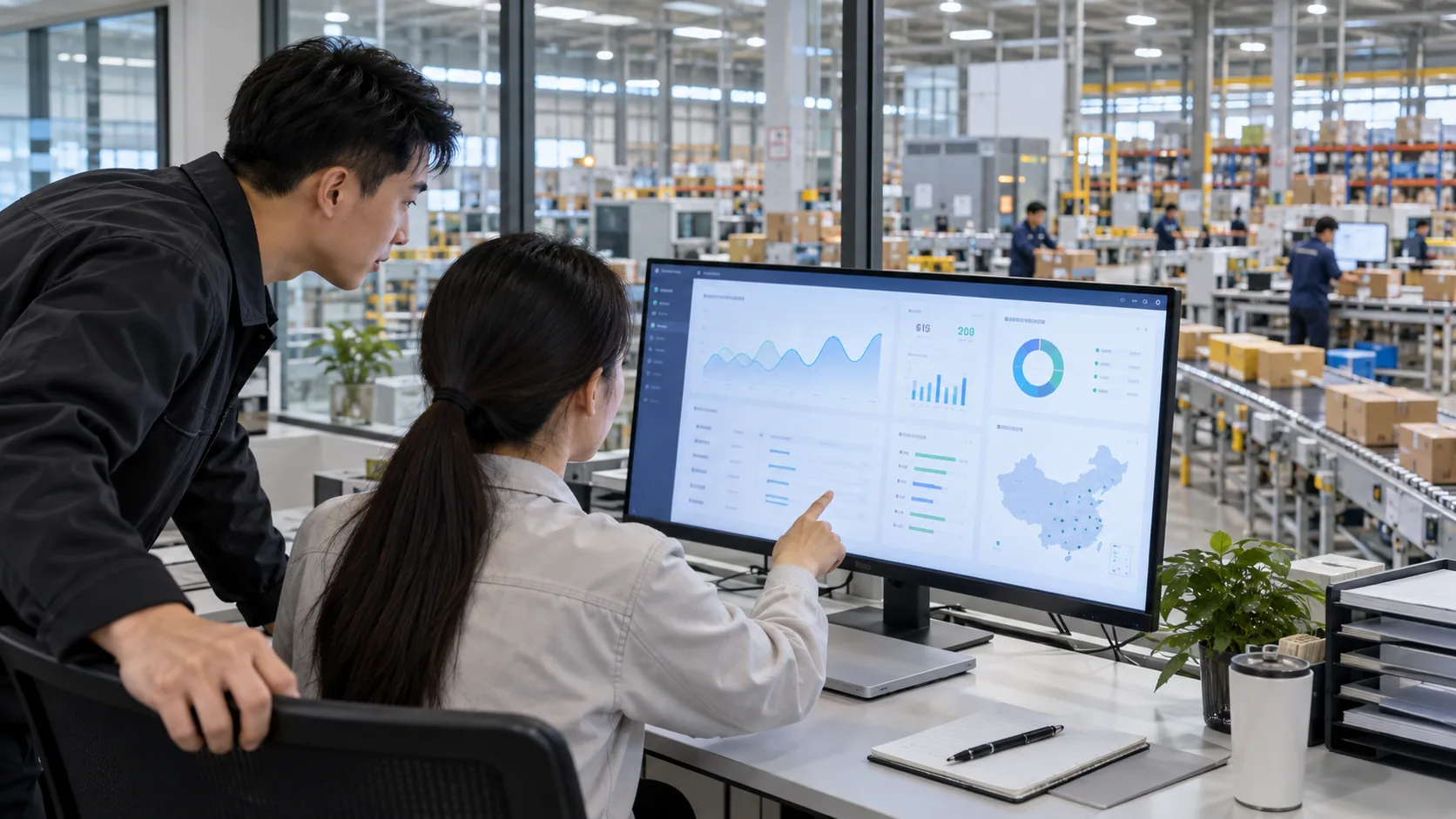Chinese fulfillment staff monitoring ecommerce orders and store integration data