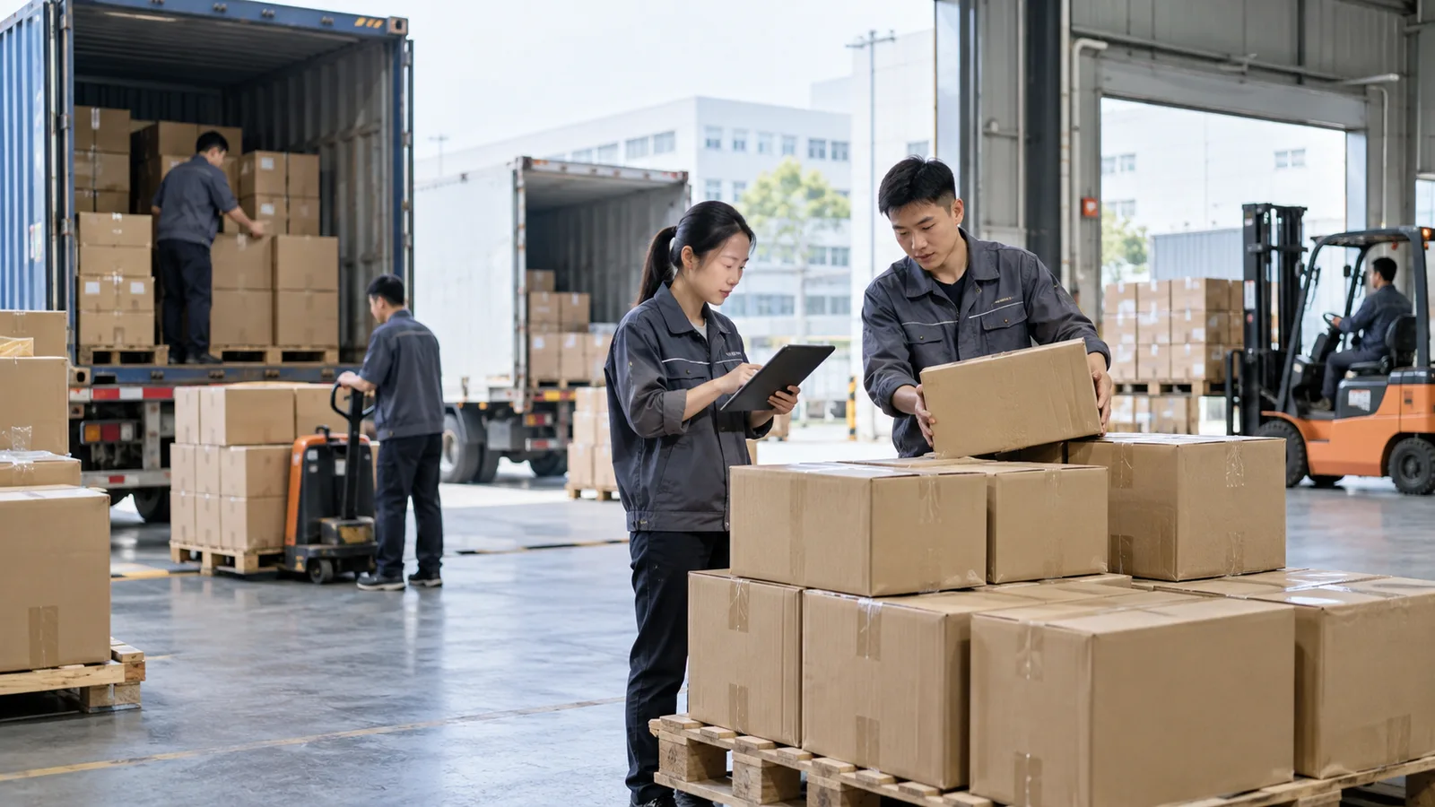 Chinese warehouse team receiving cartons from suppliers