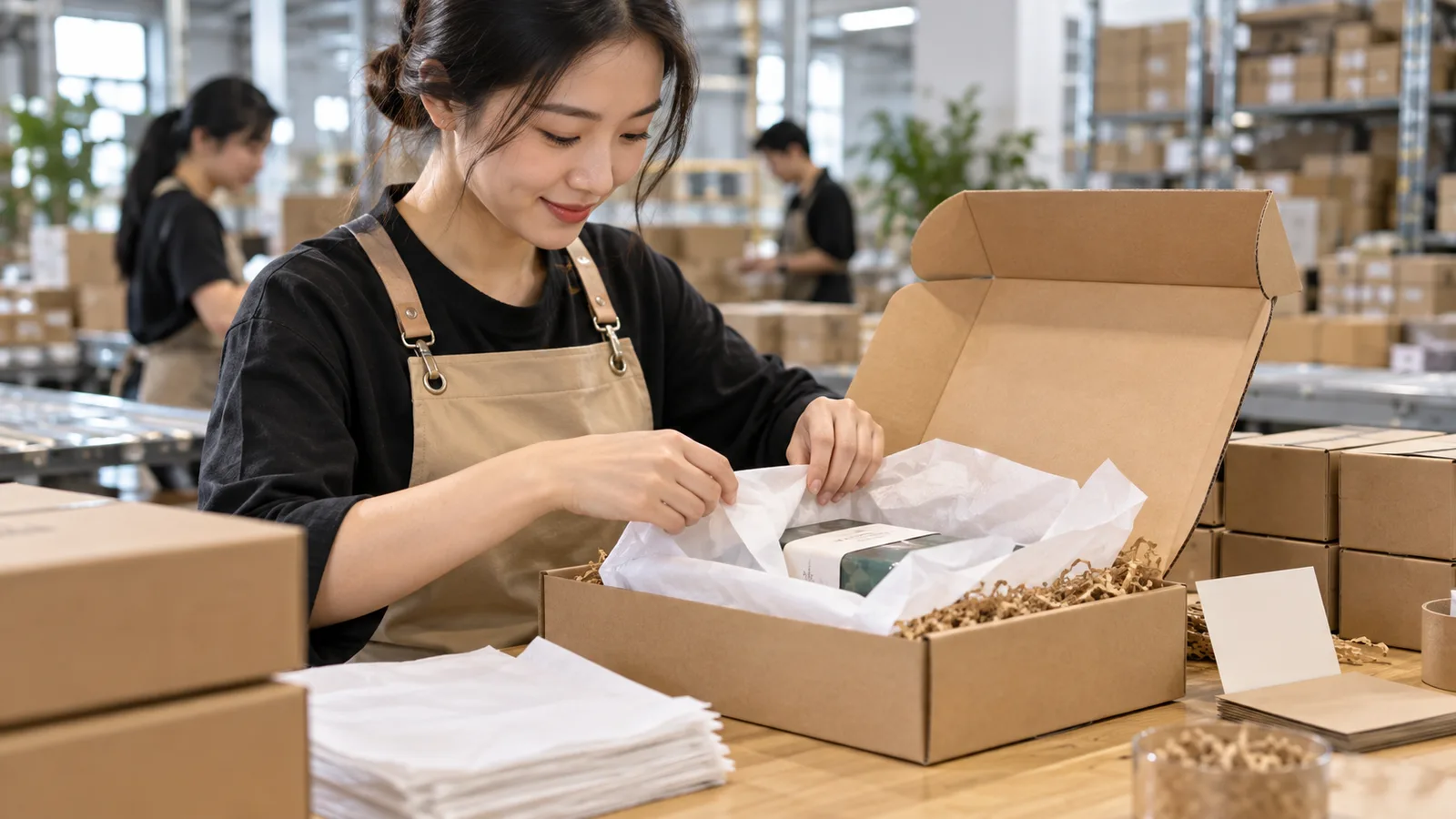 Chinese warehouse worker preparing custom ecommerce packaging