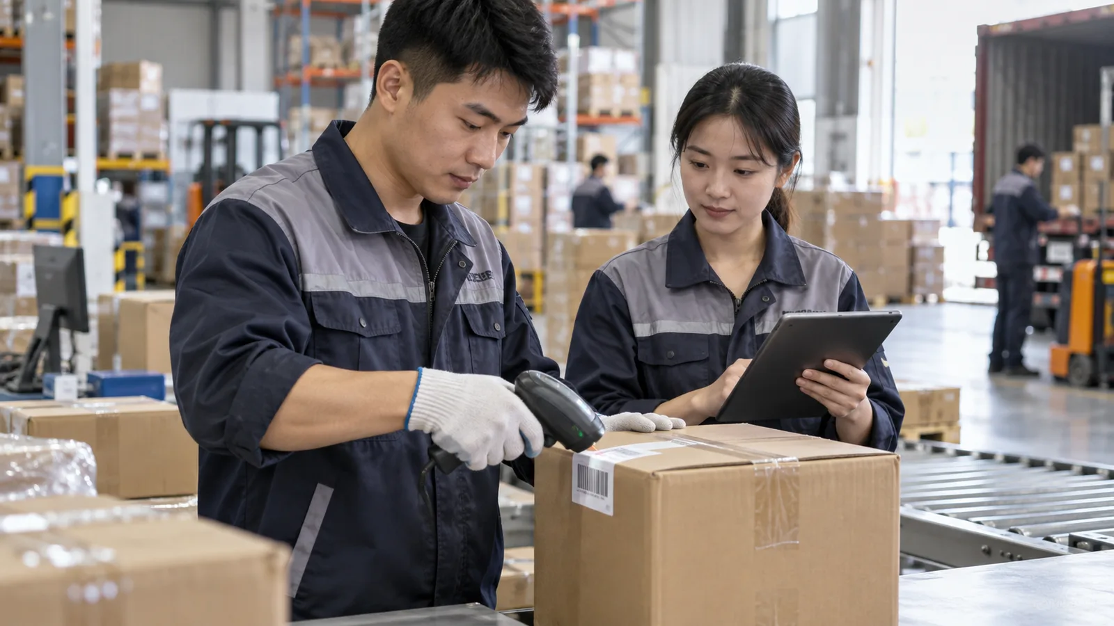 Chinese warehouse team scanning a barcode during channel preparation