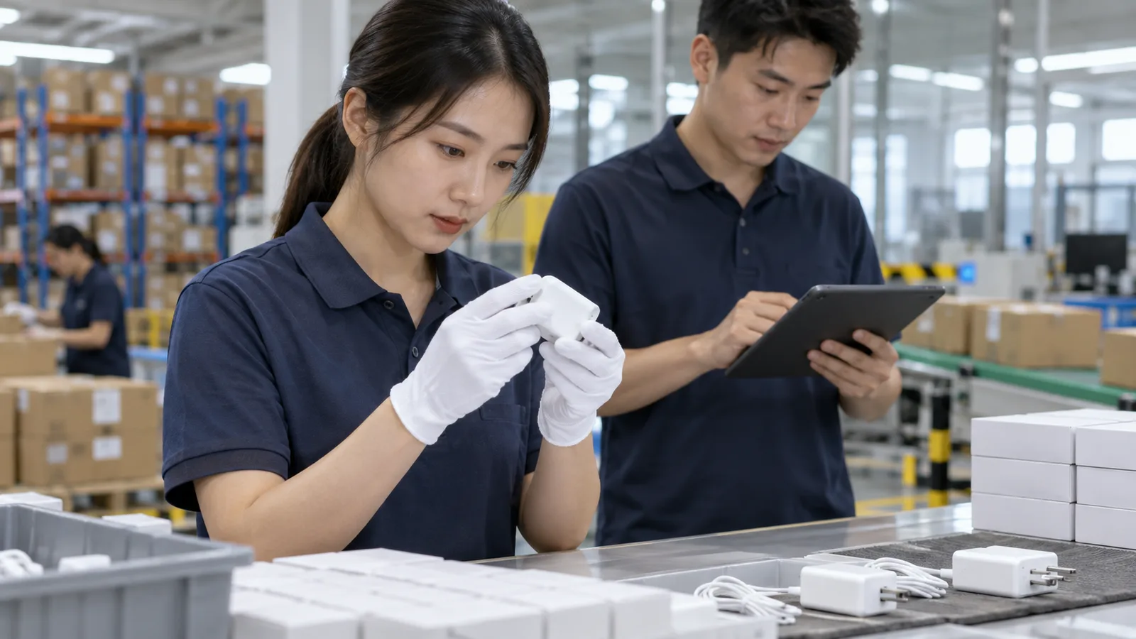 Chinese warehouse staff checking product appearance and recording results